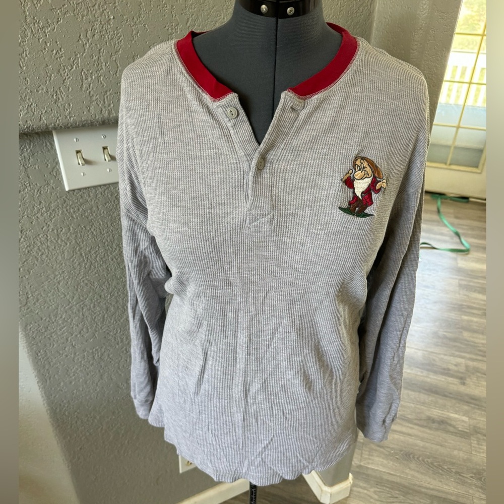 Disney Gray Waffle Henley Pajama Top with Red Trim and Embroidered Dwarf